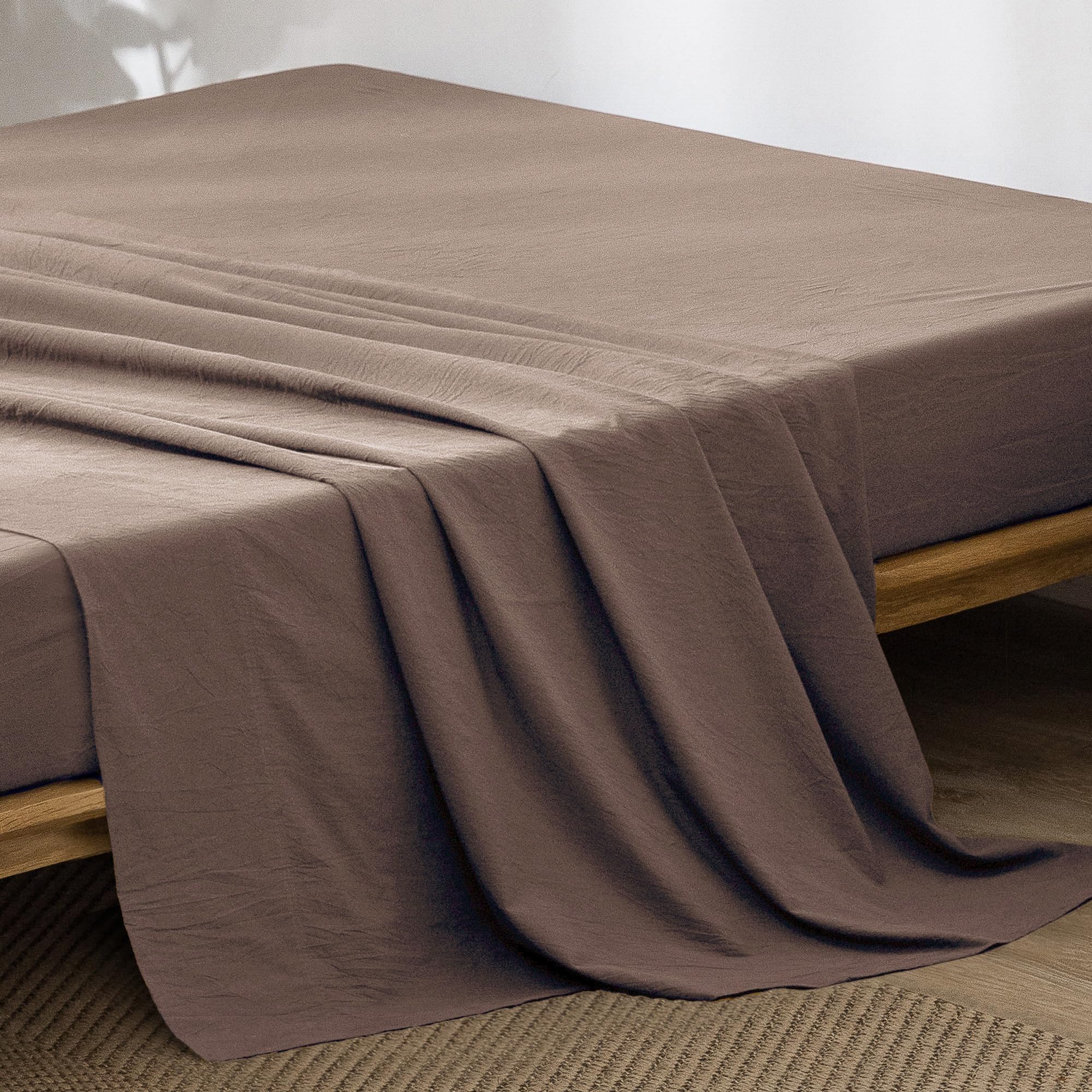 Photo 1 of MooMee Flat Top Sheet Only 100% Washed Cotton Linen Like Textured Breathable Durable Soft Comfy (Brown, King)