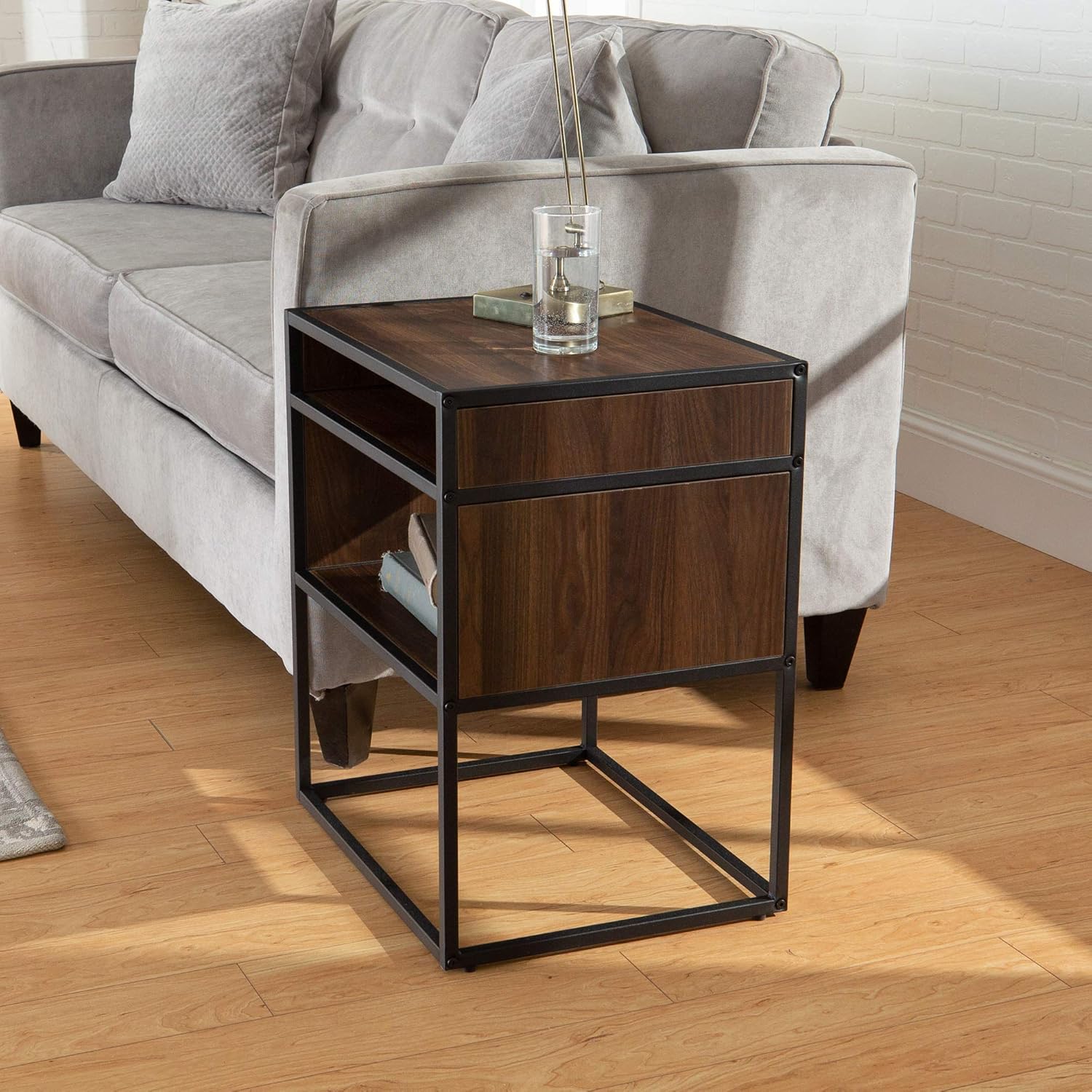 Walker Edison Industrial Modern Metal Frame Wood Rectangle Side Accent Set Living Room Storage Shelf End Table, Dark Walnut: Furniture & Decor