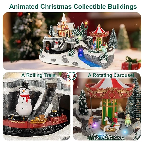 TWIRLETERNITY ANIMATED CHRISTMAS VILLAGE (ROTATING TRAIN & CAROUSEL)(PLAY 8 CHRISTMAS SONGS) RESIN LED LIGHTED WINTER COLLECTIBLE BUILDINGS HOLIDAY INDOOR DECOR