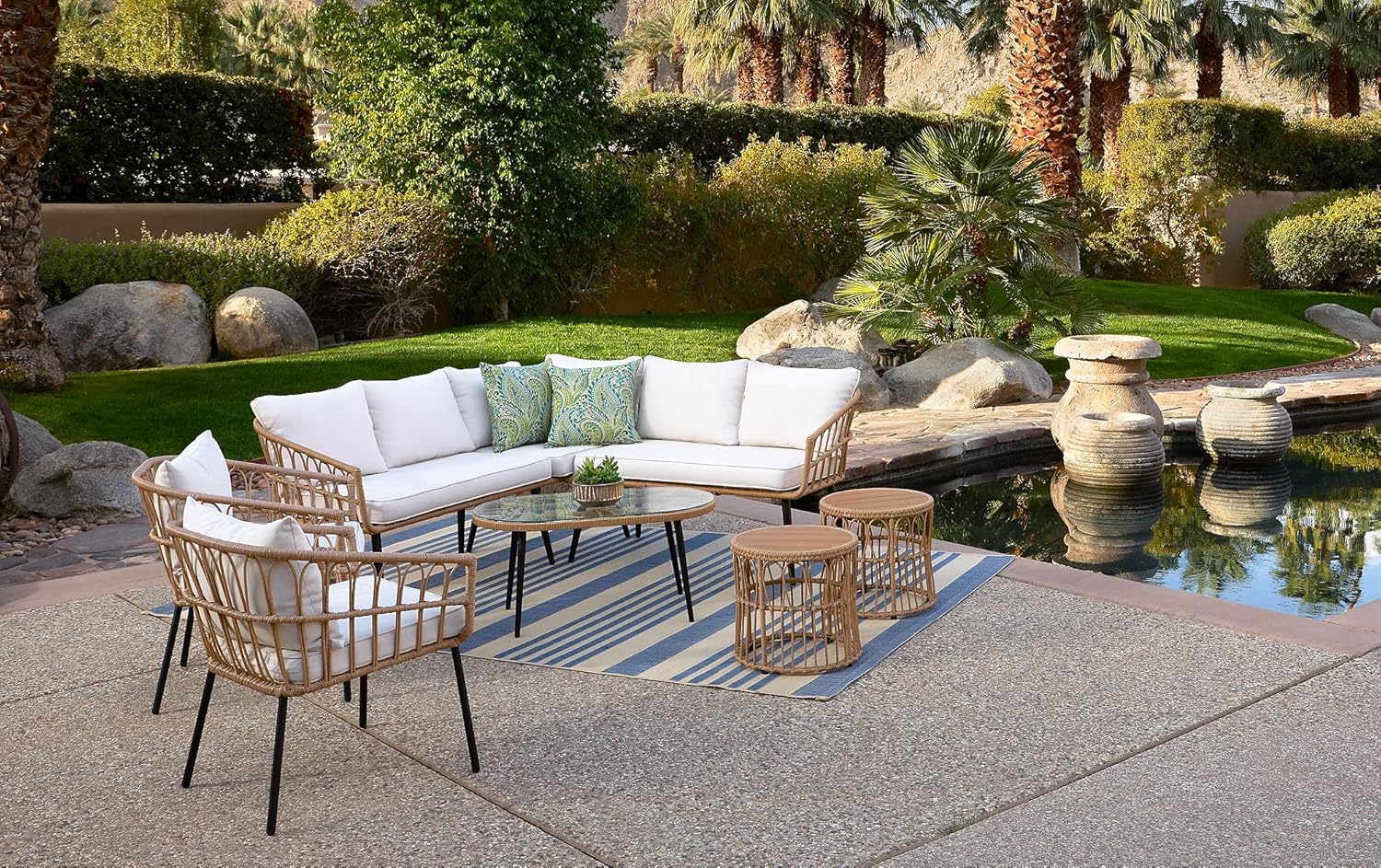 Quality Outdoor Living 65-YZ03HM Hermosa 3 Piece Chat Set, Tan Wicker + Linen Cushions : Garden & Outdoor