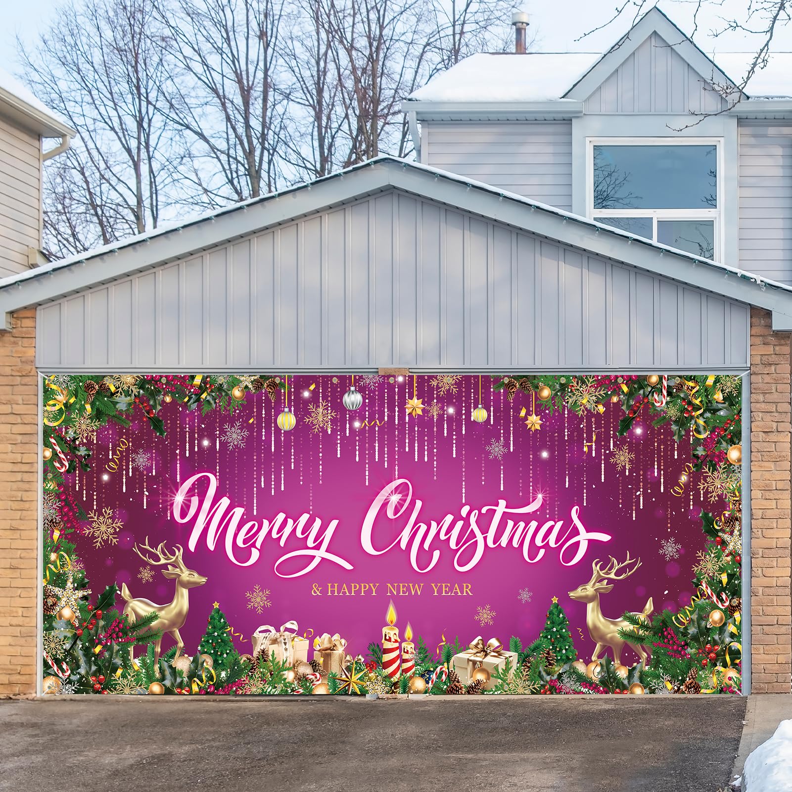 Crenics 16 x 7 Ft Christmas & Happy New Year Garage Door Decorations ...