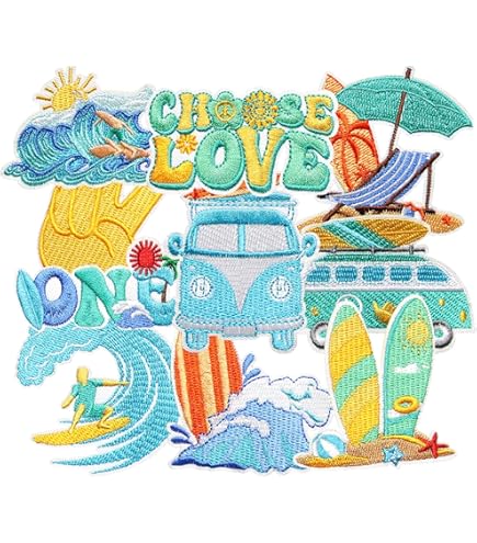 10 Pack Surf & Ocean Embroidered Patches – Iron On, Sew On, Or Stick On For DIY Fun