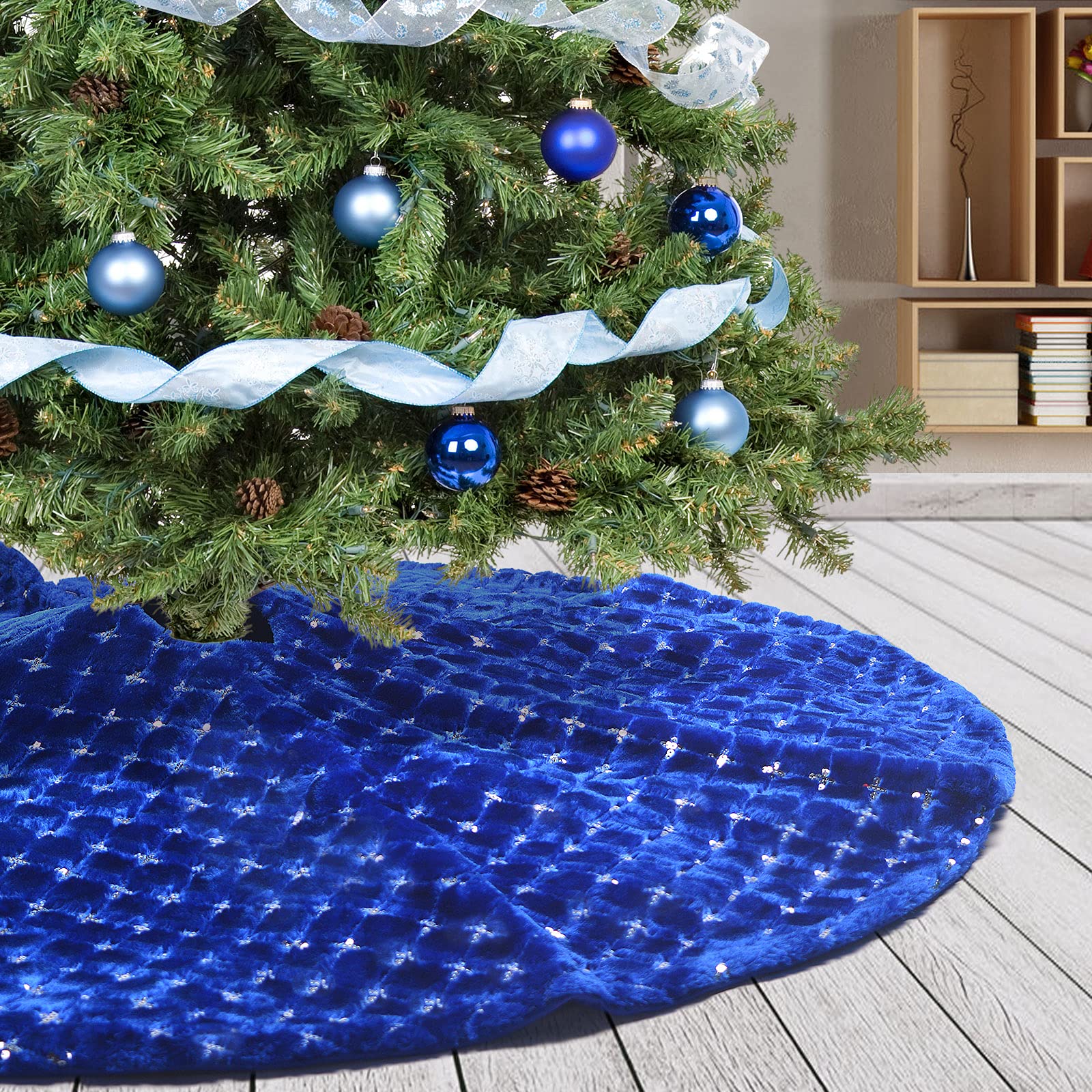 DecroXmas Blue Christmas Tree Skirt, 36 Inches Faux Fur Xmas Tree Skirt with Silver Sequin , Xmas Tree Skirts Base Cover for New Year Holiday Party Decorations