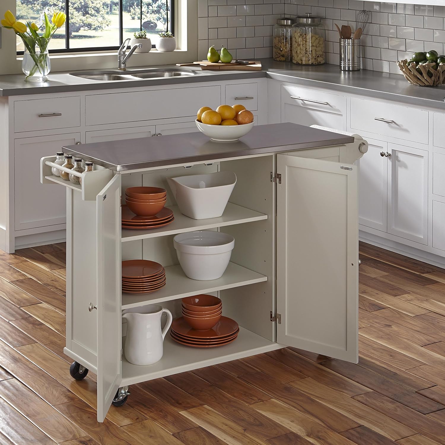 Liberty Off-White Kitchen Cart with Stainless Steel Top by Home Styles - Kitchen Islands & Carts