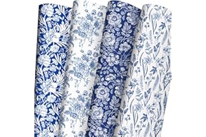 ZINTBIAL Blue White Floral Wrapping Paper for Women, Girls - Gift Wrap With Flowers and Plants for Birthday Wedding Bridal Shower - 20 x 29 Inches, 8 Folded Sheets, Easy to Store…