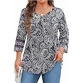 IN'VOLAND Womens Plus Size Tops 3/4 Length Sleeve Shirts Dressy Casual V Neck T Shirts Loose Summer Business Work Blouses