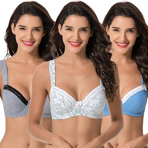 Curve Muse Women's Plus Size Underwired Unlined Balconette Cotton Bra-3Pack