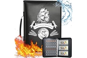 KABINKA 2 in 1 Coin Collection Book Holder for Collectors, Fireproof Coin Collection Supplies with 300 Pockets Coins Collecting Album & 36 Sleeves Paper Money Binder for Bill Quarters (Black-Sailboat)