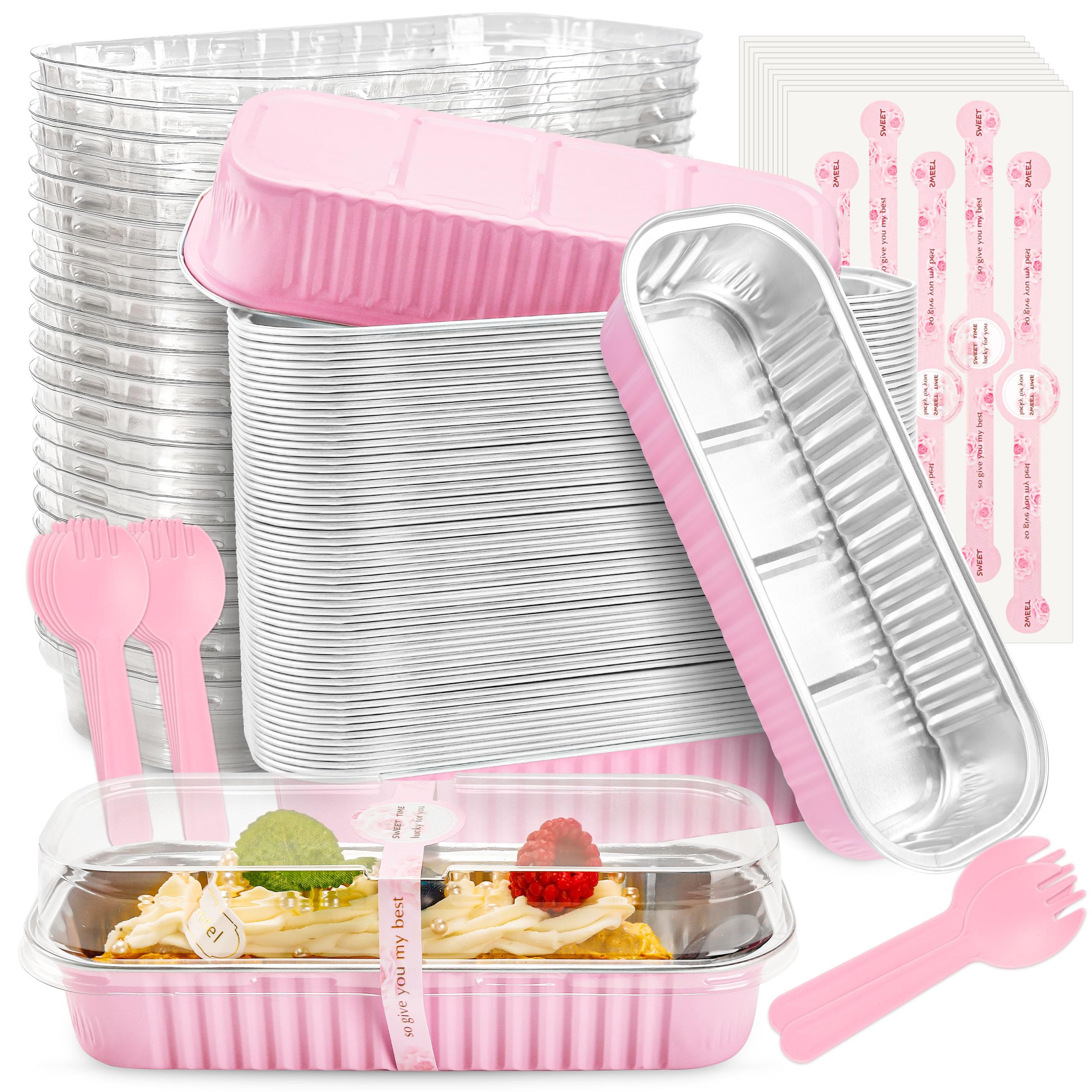 Photo 1 of NPLUX Mini Loaf Pans with Lids and Spoons Rectangular Aluminum Foil Baking Pans Mini Cheesecake Containers 6.8oz(60 Pack, Pink)