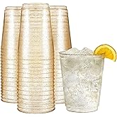 R-kay 10 oz Gold Glitter Plastic Cups for Party - Pack of 50 Hard Disposable Cocktail Glasses - Premium Heavy Duty Gold Cups (10 OZ, 50 Count)