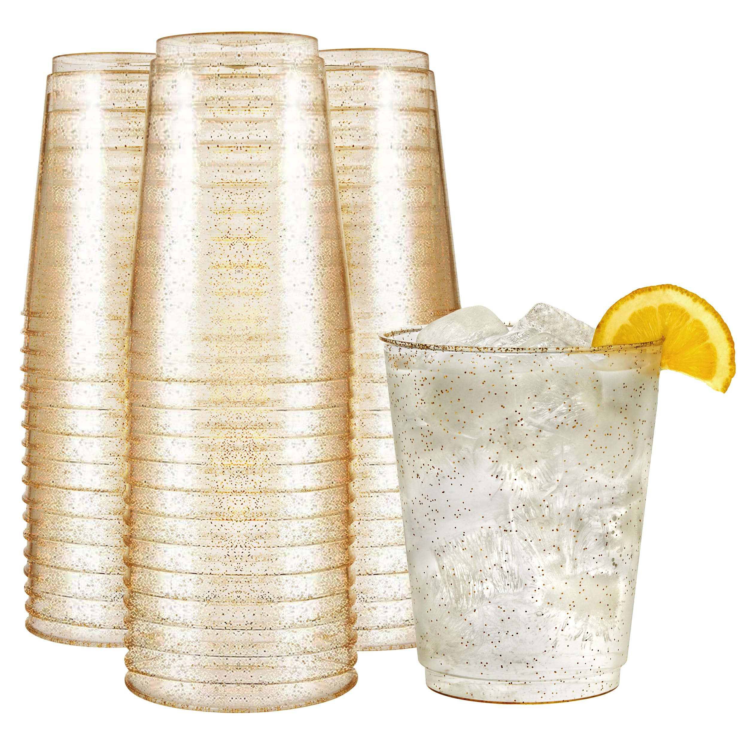 Photo 1 of R-kay 14 oz Gold Glitter Plastic Cups - 50 Pack - Hard Disposable Party Cups