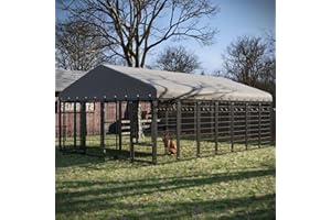SWEECCI 10' x 14'Large Outdoor Dog Kennel with Double Swing Doors, Heavy-Duty Dog Cage with Feeding Panel, Weatherproof Roof, Secure Fence Playpen for Large Dogs, Easy Assembly