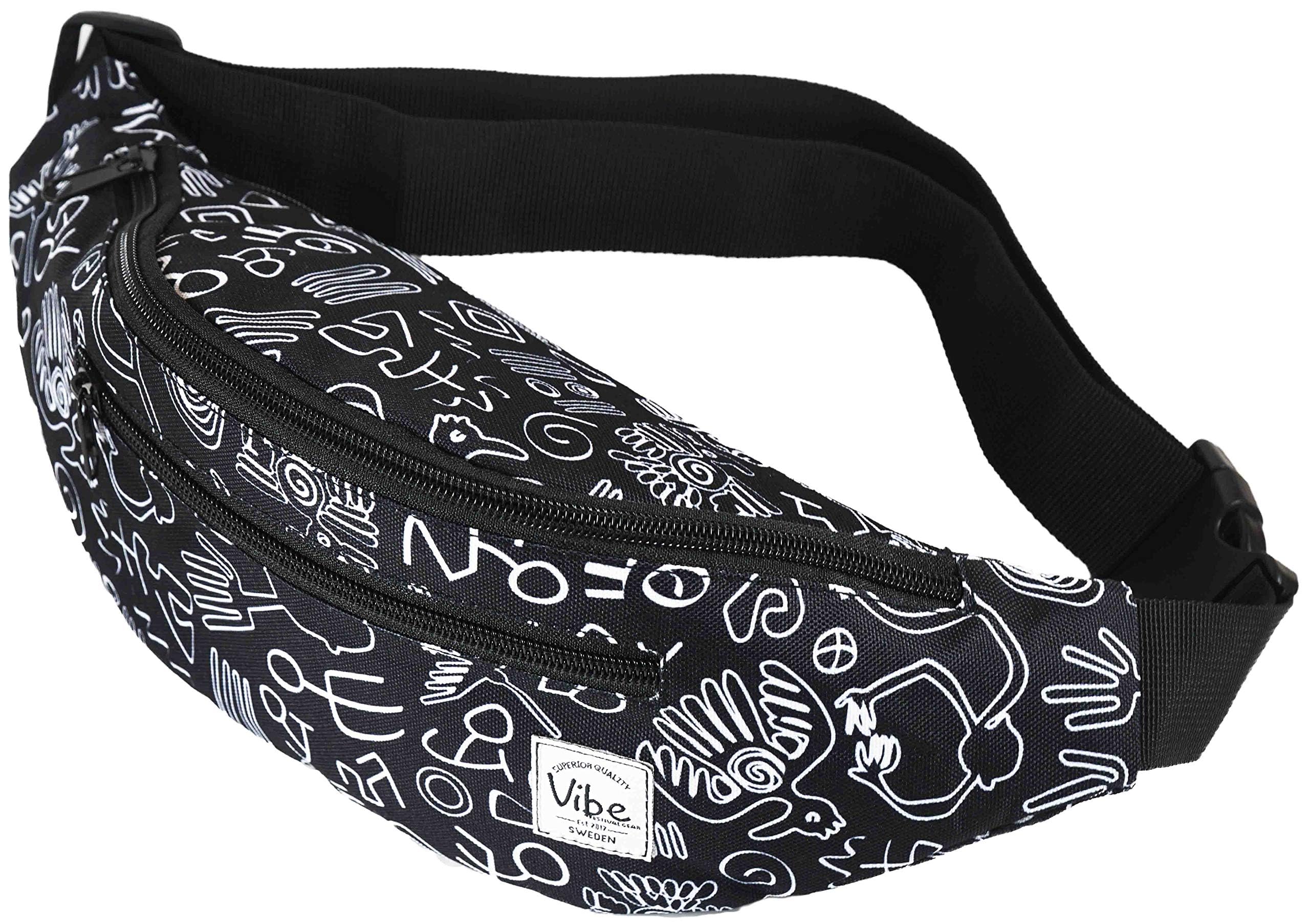 Vibe Festival Gear Fanny Pack for Men Women - Many Prints - Black Holographic Silver Gold Cute Waist Bag for Festival Rave Hiking Running Cycling, Black White Tribal, Fits Most,