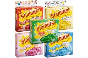 BALLARD PRODUCTS Starburst Gelatin Variety Pack of 5 | 1 Box Each - Watermelon, Blue Raspberry, All Pink Strawberry, Lemon and Cherry | Bundled with Ballard Jello Shot Recipe Card and Ballard Cold Treats Recipe Card