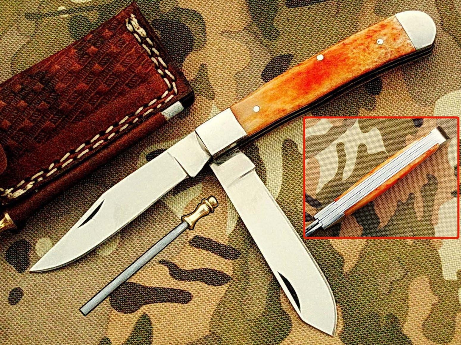 HANDMADE 18CM TRAPPER DOUBLE BLADES AWESOME FOLDING POCKET KNIFE MADE WITH 420 D2 STEEL AND CAMEL BONE HANDLE: (BDM-34)