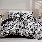 LONAVA Queen Flower 3 Pcs Duvet Cover Set, Breathable Soft Microfiber Black Lining Comforter Cover with Zipper Closure, and 2 Anti-Pilling, Fade Resistant Pillowcases, Midnight Blossoms