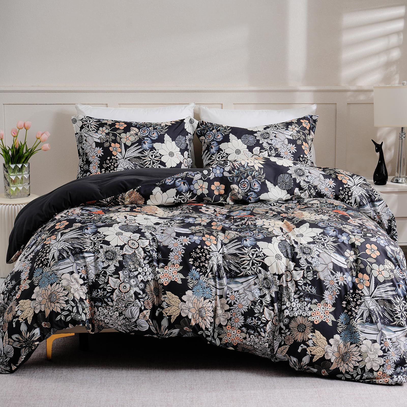 Photo 1 of LONAVA Queen Flower 3 Pcs Duvet Cover Set, Breathable Soft Microfiber Black Lining Comforter Cover with Zipper Closure, and 2 Anti-Pilling, Fade Resistant Pillowcases, Midnight Blossoms