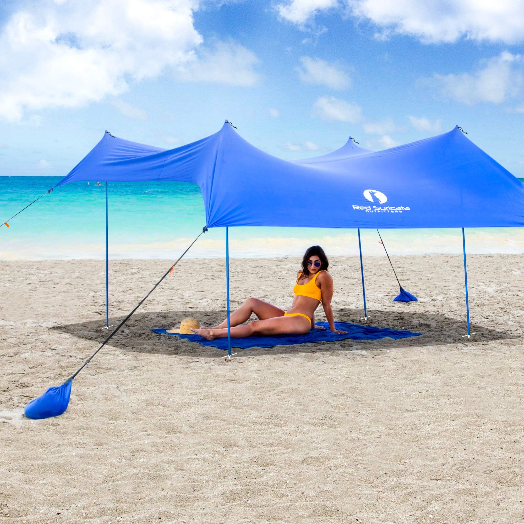 Red Suricata Family Beach Sunshade - Sun Shade Canopy | UPF50 UV Protection | Tent with 4 Aluminum Poles, 4 Pole Anchors, 4 Sandbag Anchors | Large & Portable Shelter Tarp