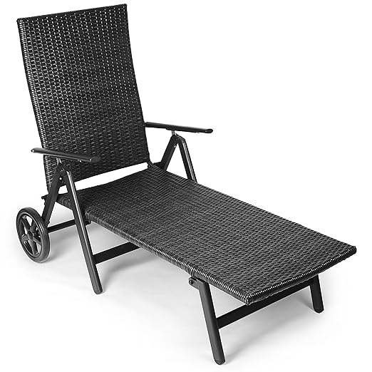 Vanage Sonnenliege mit Polyrattan Optik in schwarz - Gartenliege mit 2 Rädern - Liegestuhl ist klappbar - Gartenmöbel - Stran