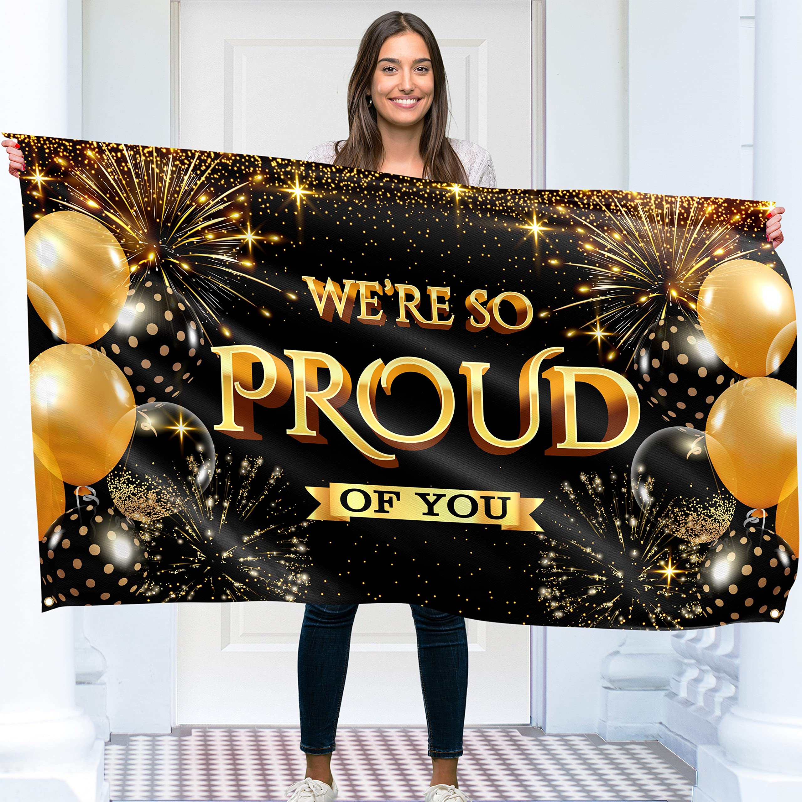 Congratulations Banner - Graduation Banner 5ft x 3ft - We are so Proud of You Decorations - Well Done - You Did It (Black & Gold)