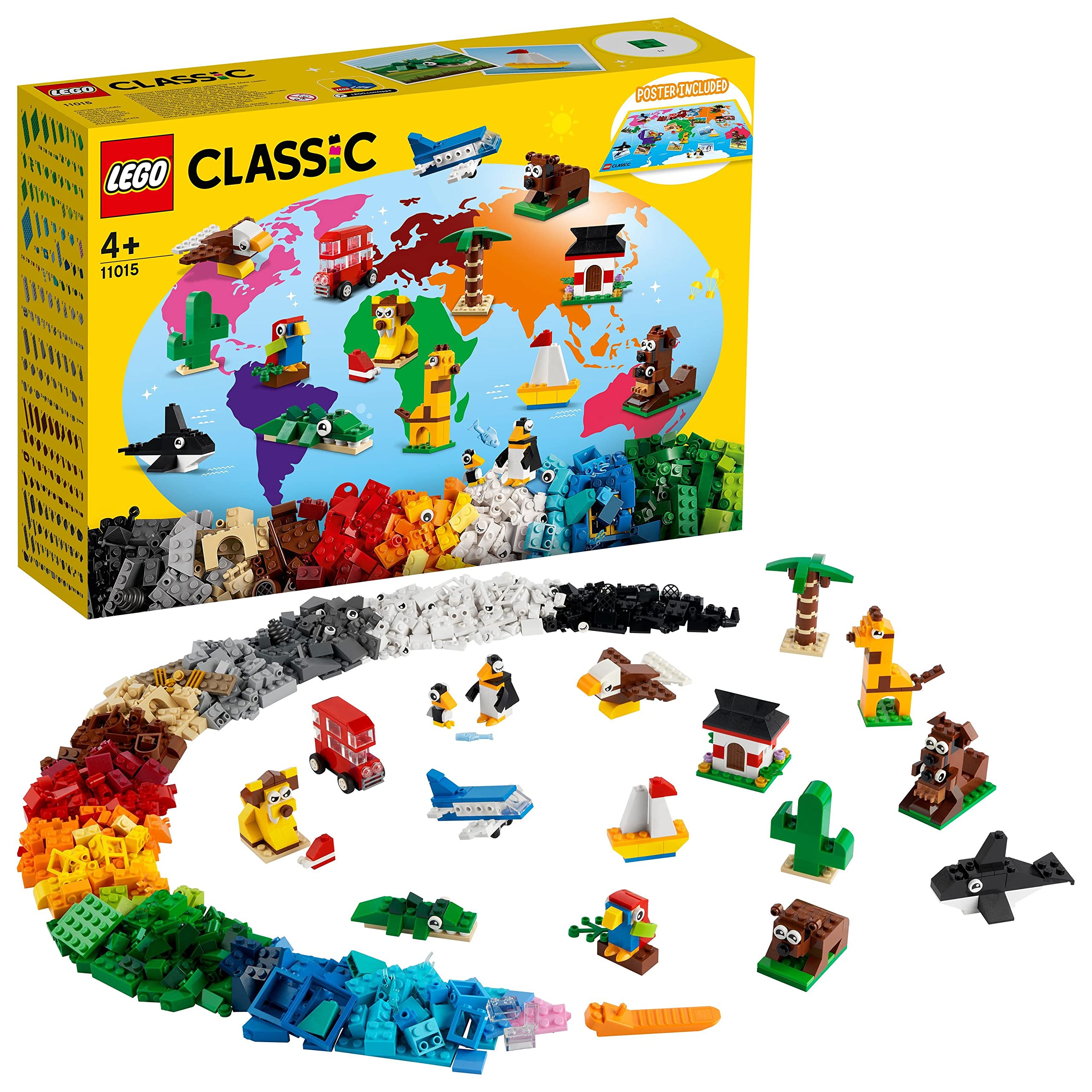 LEGO 11015 Classic Around the World Building Bricks Set, Construction Toy with 15 Animal Figures, Gifts for 4 Plus Year Old Kids, Girls and Boys, Multicolour