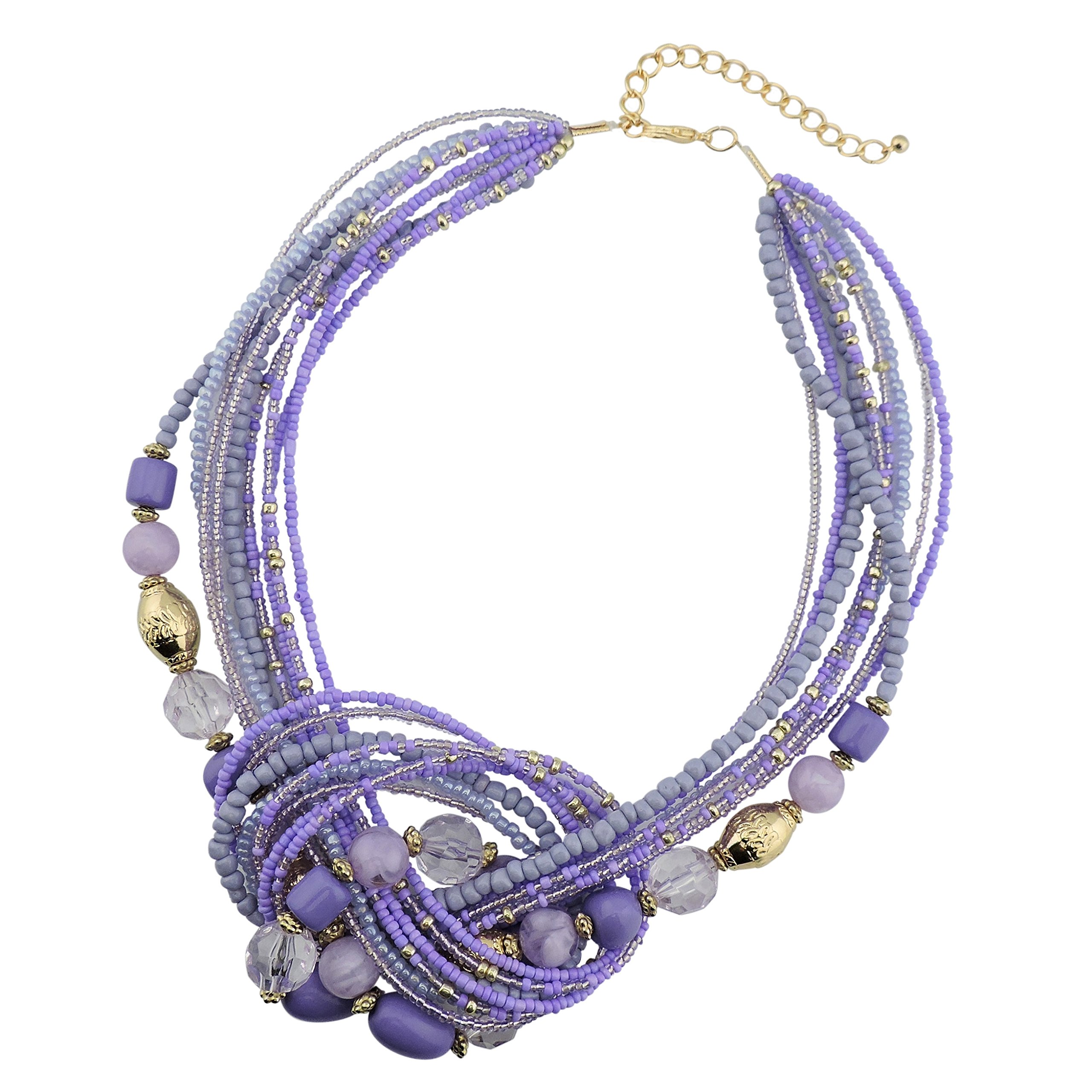 BOCAR Aquamarine Seed Beads Antique Gold Multilayer Statement Collar Necklace (NK-10345-Lilac)