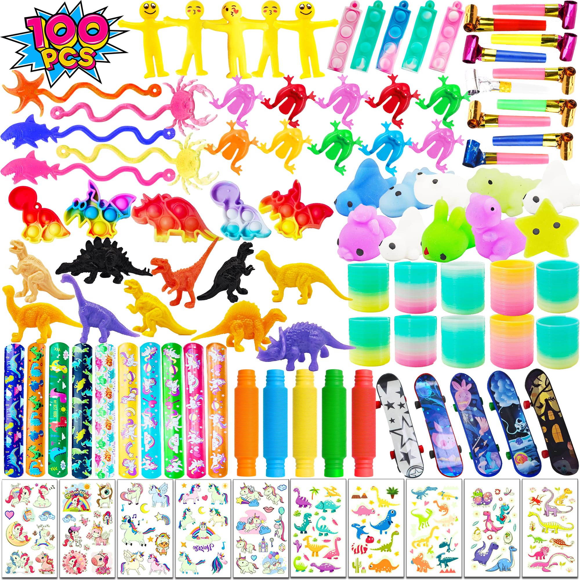Vinvovojoy 100 Pcs Party Bag Fillers, Prize Box Toys Assortment Toys, Party Supplies with Mini Pop Fidget Toy, Mochi, Slap Bracelets and etc. Classroom Gifts Party Favors Pinata for Boys Girls Kids
