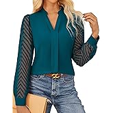 GRACE KARIN Women Business Casual Tops Sheer Lace Long Sleeve Blouses Work Office Pleated V Neck Shirt Fall Formal Outfits