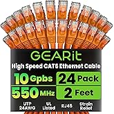 GEARit Cat 6 Ethernet Cable (24-Pack 2 Feet) Cat6 Network Patch, 10Gbps, RJ45, Snagless Cord, Gold-Plated Connectors, Interne