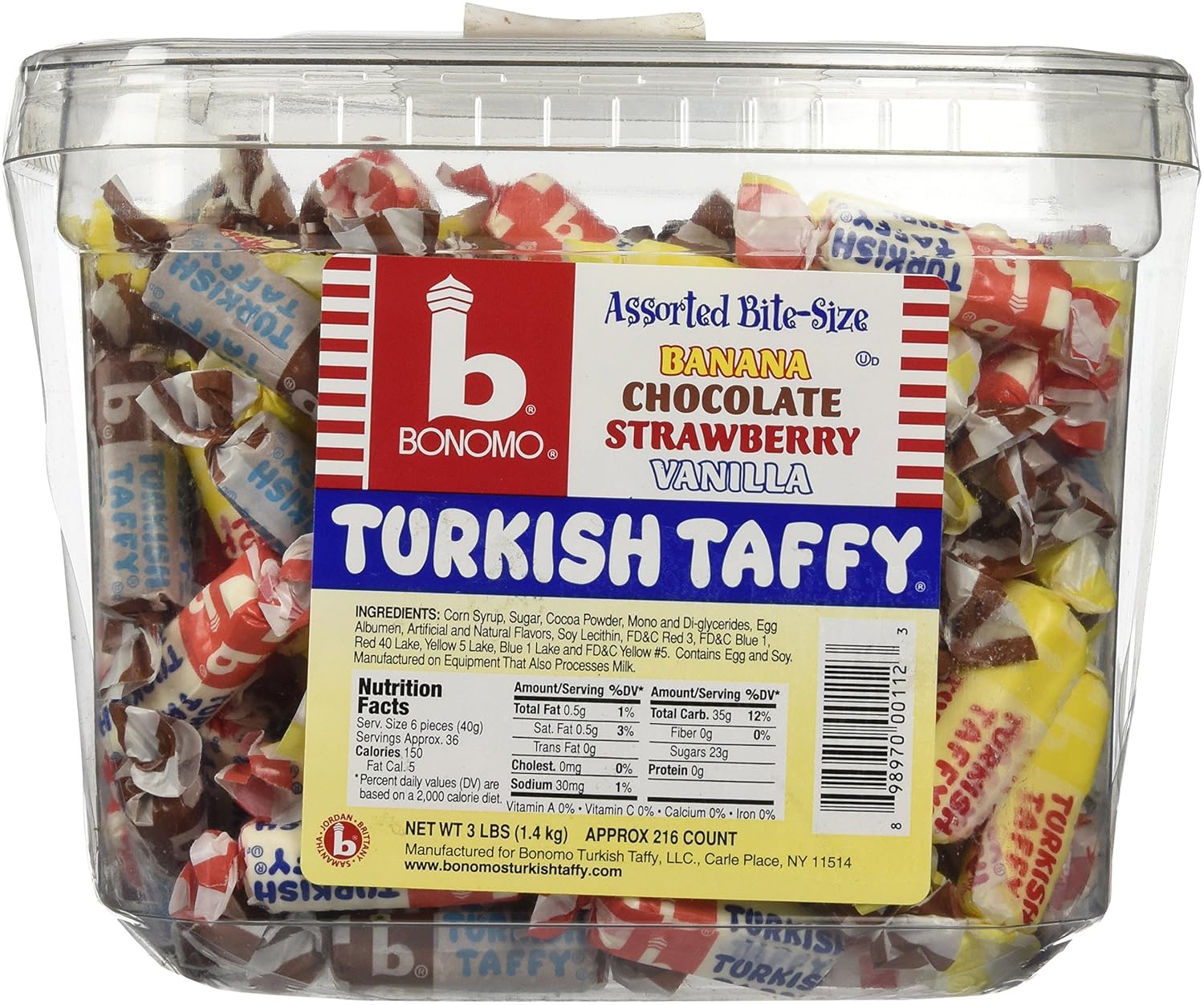 Bonomo Turkish Taffy Assorted Twists Bulk Tub, 216 Count