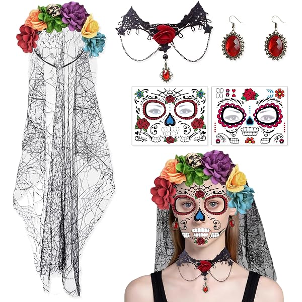 Bandeau Halloween Toile D’araignée + Collier + 30 Tatouages Temporaires – Accessoire Carnaval Et Cosplay