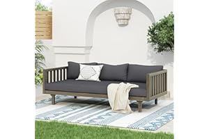 Christopher Knight Home Claremont Outdoor 3 Seater Acacia Wood Daybed with Fabric Water Resistant and Removable Cushions, Patio Garden Sofa with Slat Paneling Armrest and Back, Grey and Dark Grey