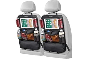 LUCMO Car Backseat Organizer with Touch Screen Tablet Holder-2 Pack,9 Storage Pockets Car Storage Organizer,Car Seat Back Protectors Kick Mats Travel Accessories for Kids-Black