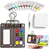 Mini Watercolor Paint Set, 12 Colors Portable Pocket Watercolour Travel Kit with 8 Grid Wood Paint Palette, Sketchbook, Metal Clip, Water Brush for Painters Artists Students
