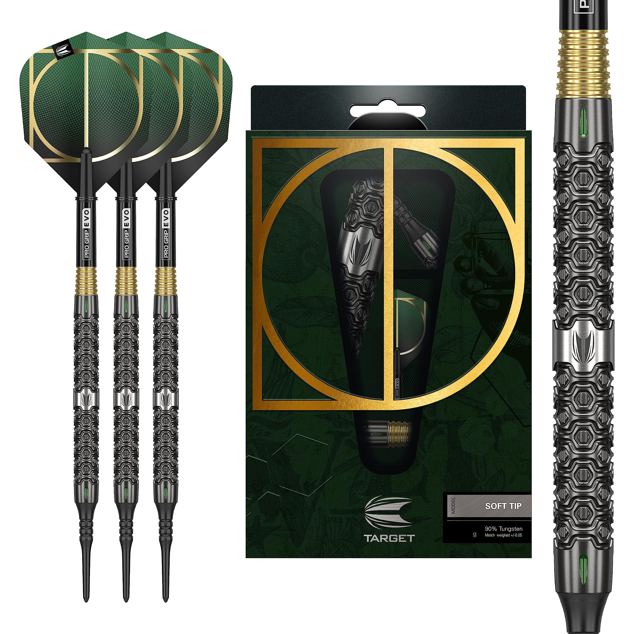 Target Darts Unisex Cult 90% Tungsten Set Soft Tip Darts, Black, Green and Gold, 19G UK
