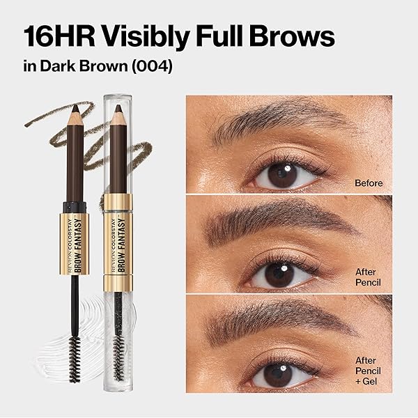 REVLON COLORSTAY BROW FANTASY, ALL IN ONE EYEBROW POWDER PENCIL WITH SHAPING CLEAR GEL, GEL INFUSED WITH PANTHENOL, SMUDGE-PROOF, 16HR VISIBLY FULL BROWS, 004 DARK BROWN