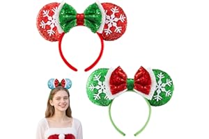JOYIN 2 Pcs LED Christmas Headbands Mouse Ears Headbands, Lightup Red & Green Xmas Themed Ears Headwear with Glitters, Christmas Hair Accessories for Adult Women Girl Kids Party Favor Cosplay Stage
