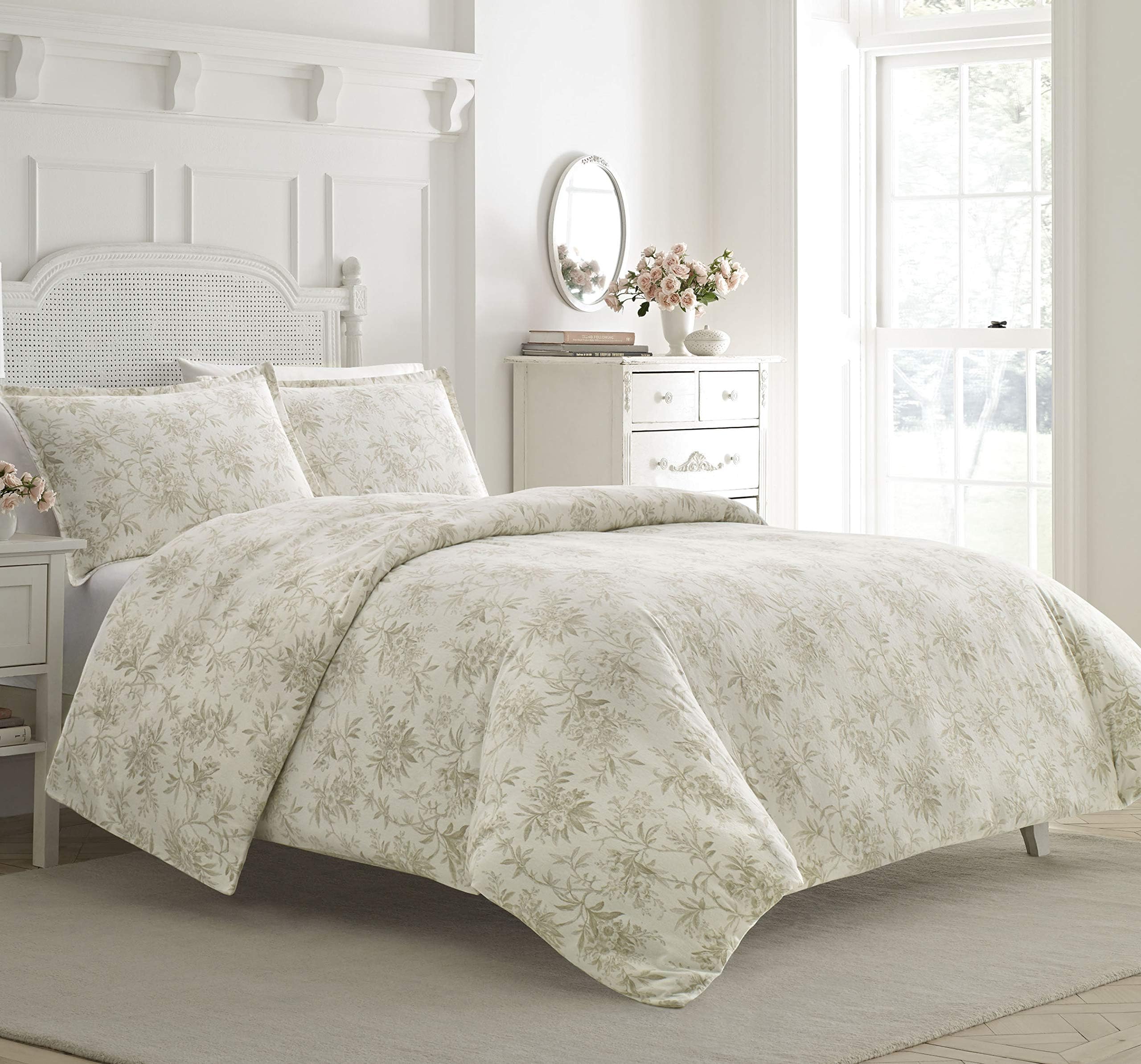 Laura Ashley Home | Faye Toile Collection | Luxury Premium Ultra Soft Duvet Coverlet, Lightweight Comfortable 3 Piece Bedding Set, Stylish Design for Home Décor, King, Beige