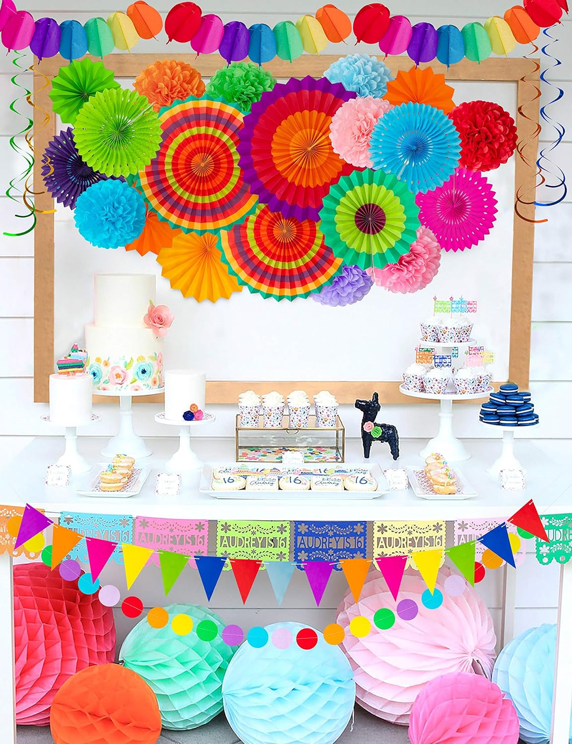 Moon Boat 35PCS Fiesta Paper Fan Party Decorations Set - Cinco De Mayo Pom Poms,Pennant,Garland String,Banner,Hanging Swirls Decor Supplies: Toys & Games