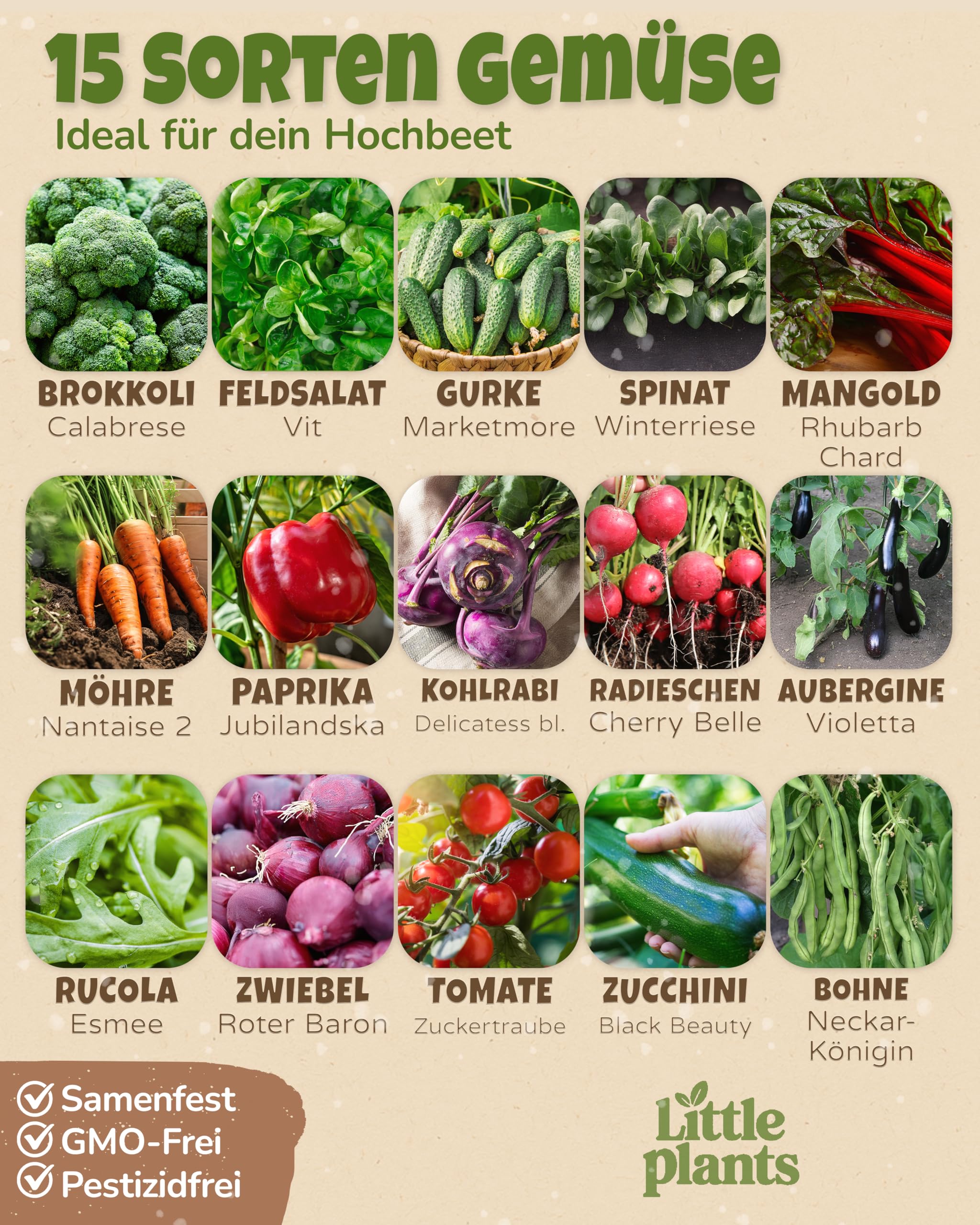 Bio Hochbeet Gemüsesamen Set, 15 Sorten, Samenfest und Keimstark, mit Aussaatkalender und Ebook 2