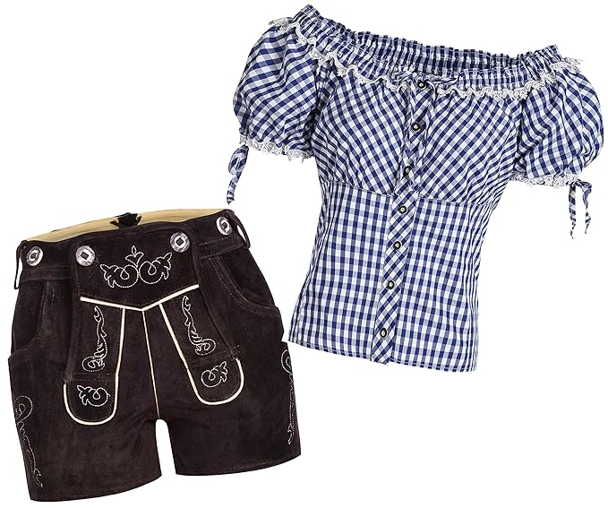 Damen Set Trachten Lederhose Shorts neue Länge dunkelbraun + Träger+ Trachtenbluse Carmenbluse