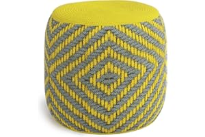SIMPLIHOME Kent Boho Round Woven Outdoor/ Indoor Pouf in Grey and Yellow Recycled PET Polyester for the Living Room, Bedroom and Kids Room