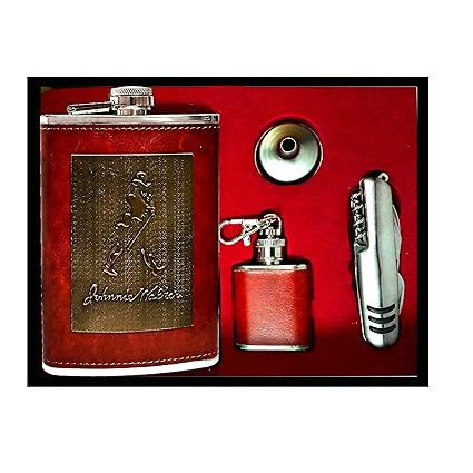 THW Johnnie Design Stainless Steel Leather Covered Hip Flask 9 oz + 1Oz Flagon Key Chain+ 1 Funnel + 1 Corkscrew Opener Set Box