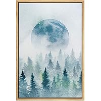 SIGNWIN Framed Canvas Wall Art Foggy Green Forest with Blue Moon Astronomy & Space Cosmic Watercolor Abstract Modern Scenic Relax/Calm for Living Room, Bedroom, Office - 16