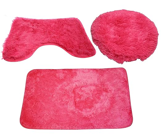 Livzing Synthetic Nonslip Fluffy Bathroom Pedestal Lid Contour Mat (Pink, Standard Size) - Set of 3