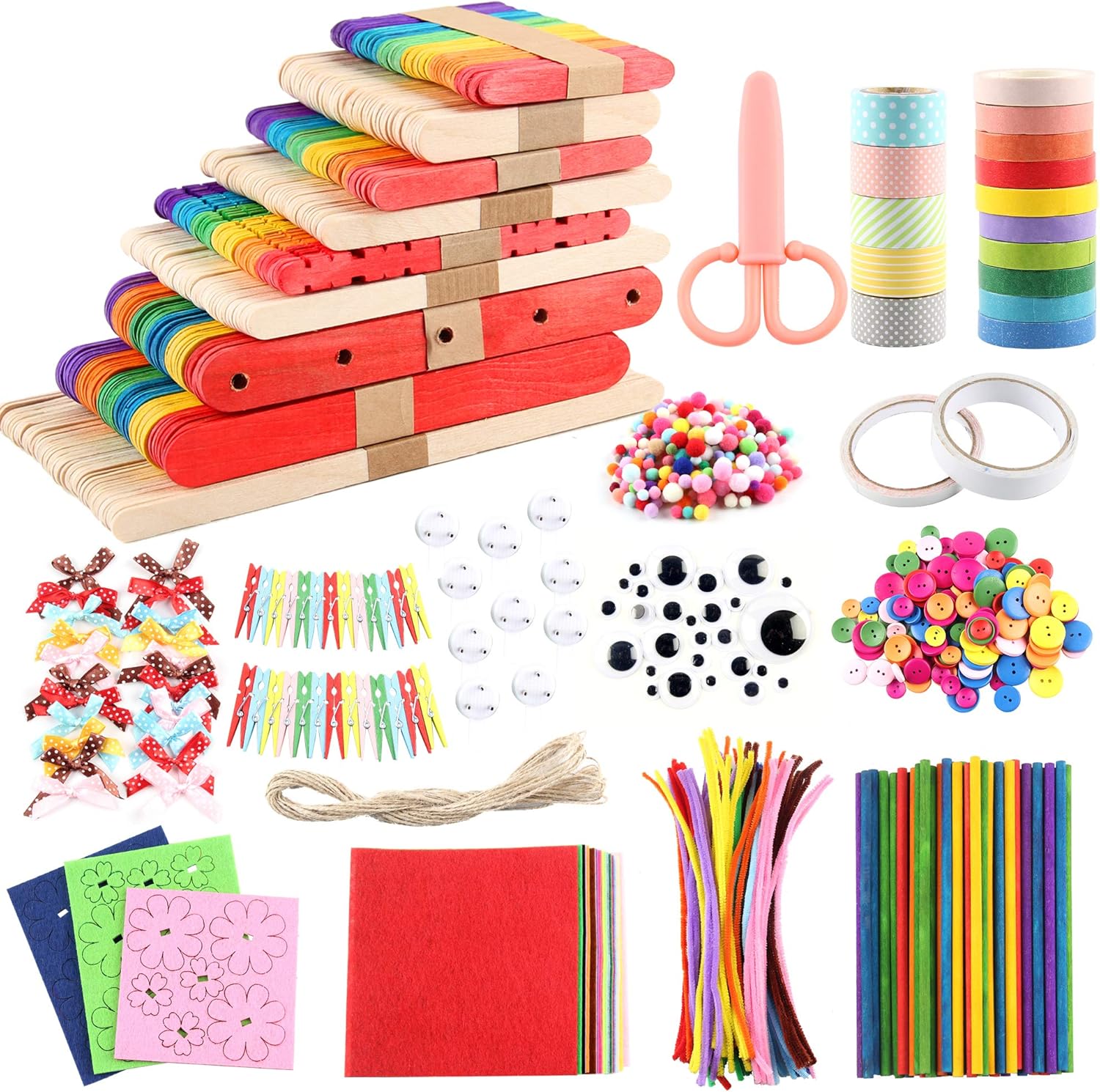 DIY Ice Cream Stick Set- 100 Pcs Twisting rods, Black and White Mixed Eyes, Textured Tape, Felt for Arts and Crafts