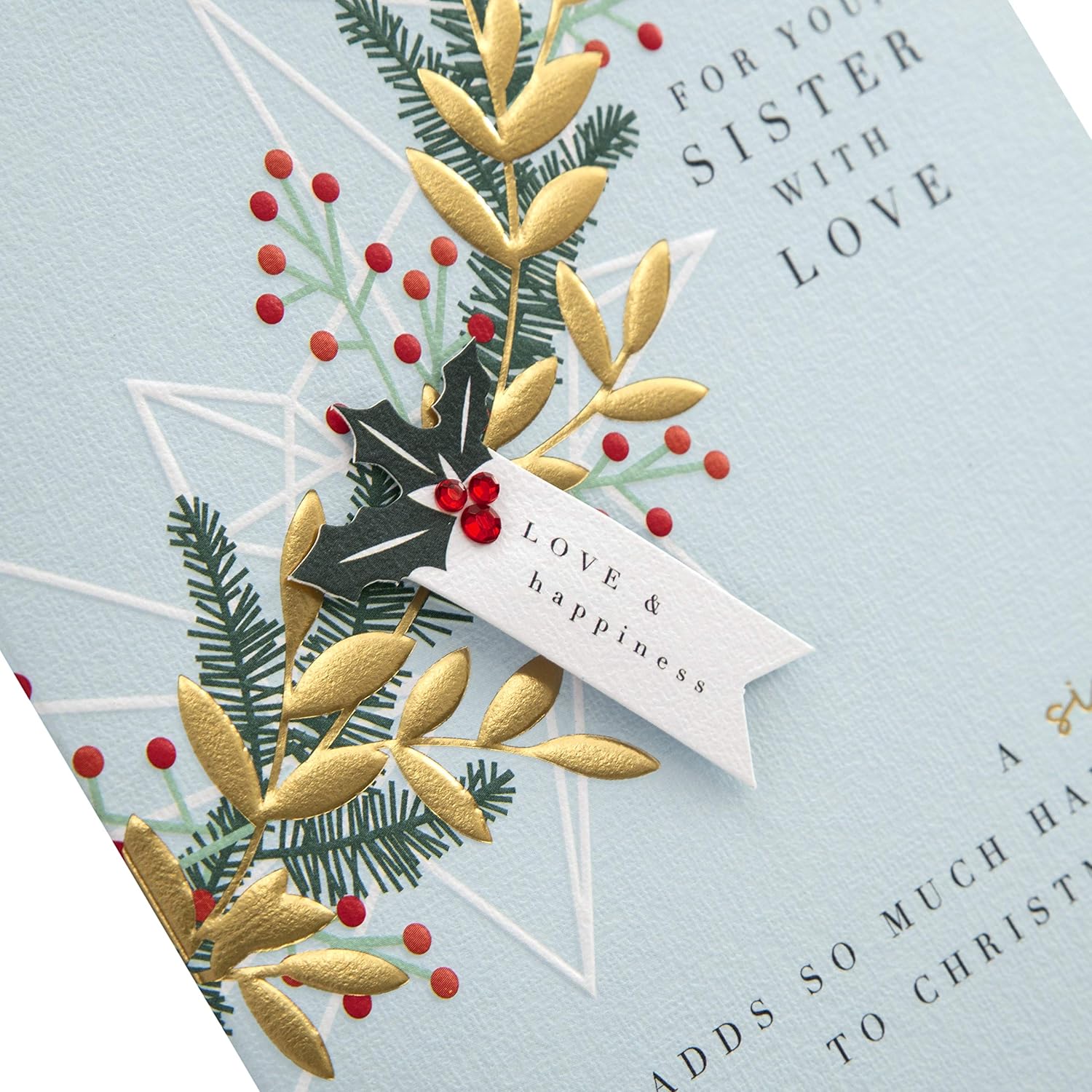 Hallmark Christmas Card for Sister - Contemporary Foliage Design, Metallic Gold, Red, 16.2 cm x 13.5 cm - Image 4