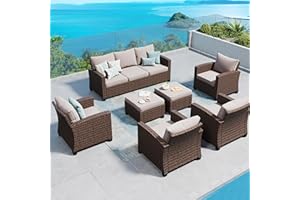 SUNSHINE VALLEY Patio Furniture Set Outdoor Furniture Brown Wicker Rattan Patio Conversation Sets with Cushion Outside Sofa Set,7 Pieces 9 Seats,Beige