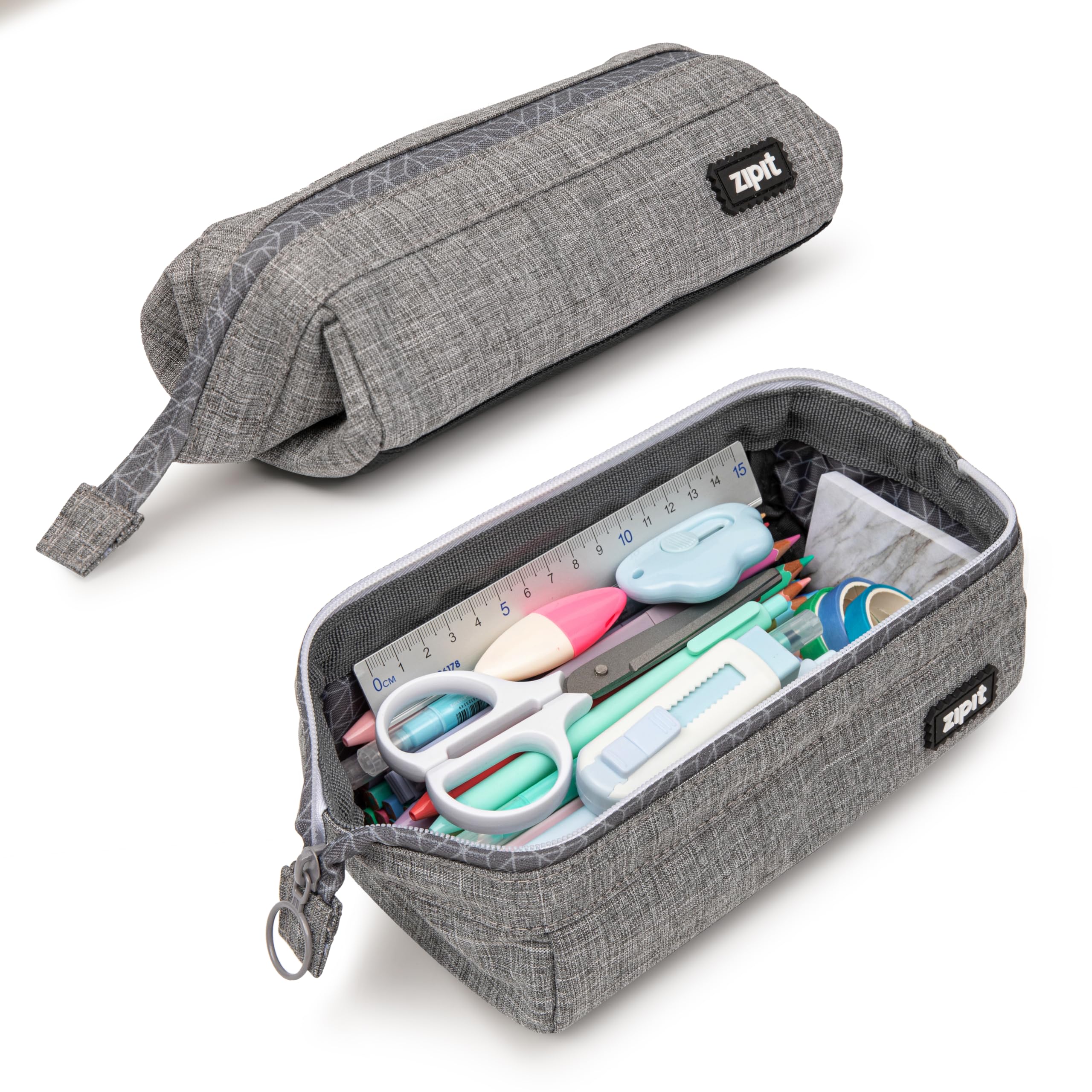 ZIPIT Lenny Pencil Case, Large Capacity Zipper Pouch for School, Stationery Bag for Teen Girls Boys and Adults, Grey