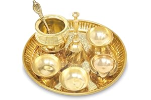 BENGALEN Pooja Thali Set Brass Small 6 Inch Puja Thali with Pital Plate Chandan Wati Kalash Kuber Diya Ghanti Palli Arti Thali for Diwali Home Office Mandir Wedding Return Gift Items